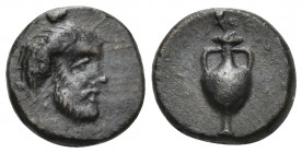 CILICIA. Nagidos. Circa 360-333 BC. Chalkous (Bronze, 10 mm, 1.26 g, 3 h). Head of Pan to right. Rev. Amphora. SNG Levante Suppl. 9. cf. SNG von Auloc...