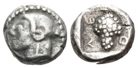 CILICIA. Soloi. Circa 465-400 BC. Diobol (Silver, 8 mm, 1.21 g, 6 h). Head of Amazon to left, wearing close-fitting cap. Rev. Σ-Ο-Λ-Ε Grape bunch. Cf....