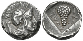 CILICIA. Soloi. Circa 410-375 BC. Stater (Silver, 18 mm, 9.80 g, 2 h). Head of Athena to right, wearing a crested Attic helmet, with a griffin rushing...
