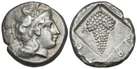 CILICIA. Soloi. Circa 410-375 BC. Stater (Silver, 21 mm, 10.63 g, 2 h). Head of Athena to right, wearing a crested Attic helmet, with a griffin rushin...