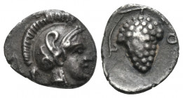 CILICIA. Soloi. Circa 400-350 BC. Obol (Silver, 10 mm, 0.78 g, 9 h). Head of Athena to right, wearing crested Attic helmet. Rev. Grape bunch on vine. ...