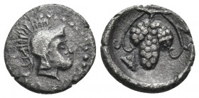 CILICIA. Soloi. Circa 400-350 BC. Obol (Silver, 10 mm, 0.72 g, 7 h). Head of Athena to right, wearing crested Attic helmet. Rev. Grape bunch on vine; ...