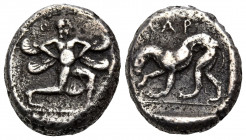 CILICIA. Mallos. Circa 425-385 BC. Drachm (Silver, 13 mm, 3.21 g, 6 h). Winged god advancing right, holding solar disk in both hands. Rev. MAP Panther...