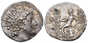 SELEUKID KINGS OF SYRIA. Antiochos VI Dionysos, 144-142 BC. Drachm (Silver, 18 mm, 4.33 g), Apameia on the Orontes, year 168 = 144-143. Radiate and di...
