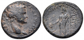 IONIA. Temnos. Domitian, As Caesar, 69-81. (Bronze, 19 mm, 4.98 g, 7 h), struck under the strategos Dionysodoros Hagnos Philopatris. ΔOMITIANOC KAICAP...