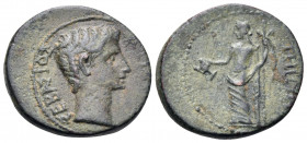 IONIA. Teos. Augustus, 27 BC-AD 14. (Bronze, 23 mm, 6.99 g, 5 h). ΣΕΒΑΣΤΟΣ ΚΤΙΣΤΗΣ Bare head of Augustus to right. Rev. ΤΗΙΩΝ Dionysos standing left, ...