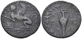 ISLANDS OFF IONIA, Chios. Pseudo-autonomous issue, Late 1st century. 3 Assaria (Bronze, 30 mm, 9.38 g, 7 h). TRIA / ACCAPIA Sphinx seated left, with l...