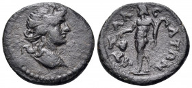 LYDIA. Attalaea. Pseudo-autonomous issue, late 2nd-3rd centuries. Hemiassarion (Bronze, 17 mm, 2.36 g, 6 h). Head of youthful Dionysos to right, weari...
