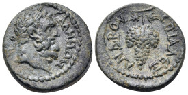 LYDIA. Sala. Time of Trajan, 98-117. 1/3 Assarion (Bronze, 17 mm, 2.83 g, 12 h), struck under the hiereus, Alexandros. CAΛΗΝΩΝ Laureate head of bearde...