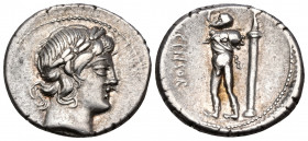 L. Marcius Censorinus, 82 BC. Denarius (Silver, 18 mm, 3.70 g, 6 h), Rome. Laureate head of Apollo to right. Rev. Marsyas advancing to left, extending...