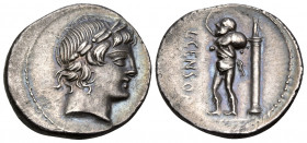 L. Marcius Censorinus, 82 BC. Denarius (Silver, 18 mm, 3.92 g, 6 h), Rome. Laureate head of Apollo to right. Rev. L · CENSOR Marsyas advancing to left...