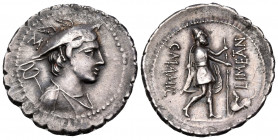 C. Mamilius Limetanus, 82 BC. Denarius Serratus (Silver, 20 mm, 3.79 g, 4 h), Rome. Draped bust of Mercury to right, wearing winged petasos and with c...