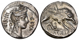 C. Hosidius C.f. Geta, 64 BC. Denarius (Silver, 3.90 g), Rome. GETA - III VIR Draped bust of Diana to right, with bow and quiver over her shoulder. Re...