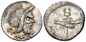 C. Pansa and Albinus Bruti f, 48 BC. Denarius (Silver, 18 mm, 3.57 g, 6 h), Rome. C · PANSA Mask of bearded Pan to right. Rev. ALBINVS BRVTI F Two cla...