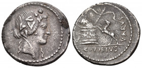 C. Vibius Varus, 42 BC. Denarius (Silver, 18 mm, 3.54 g, 8 h), Rome. Head of Bacchus to right, wreathed with ivy and grapes. Rev. C · VIBIVS / VARVS P...