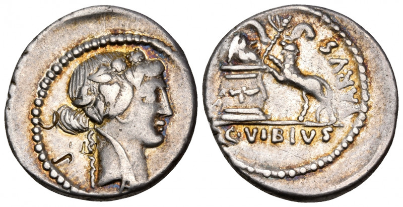 C. Vibius Varus, 42 BC. Denarius (Silver, 18 mm, 3.83 g, 7 h), Rome. Head of Bac...