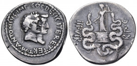 Mark Antony and Octavia, 39 BC. Cistophoric Tetradrachm (Silver, 27.5 mm, 11.28 g, 12 h), Ephesus, summer-autumn 39. M•ANTONIVS•IMP •COS• DESIG•ITER E...