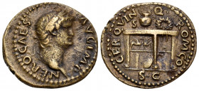 Nero, 54-68. Semis (Orichalcum, 18 mm, 2.87 g, 6 h), Rome, c. 64. NERO CAES AVG IMP Laureate head of Nero to right. Rev. CER QVIN-Q ROM CO / SC Table,...