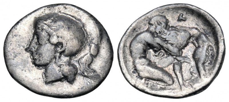 CALABRIA. Tarentum. Circa 380-325 BC. Diobol (Silver, 13 mm, 1.21 g, 6 h). Head ...