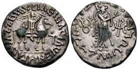 INDO-SKYTHIANS, Apracharajas. Late 1st century BC-early 1st century AD. Tetradrachm (Billon, 24 mm, 9.71 g, 9 h). Nonsensical legend containing AZZOI ...