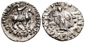 INDO-SKYTHIANS. Azilizes, circa 85-45/35 BC. Drachm (Billon, 16 mm, 1.85 g, 2 h). BΑΣΙΛΕΩΣ ΒΑΣΙΛΕΩΝ ΜΕΓΑΛΟΥ / ΑΖΟΥΛΟΥ King on horseback to right, rais...