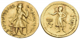INDIA, Kushan Empire. Kanishka I, circa 127/8-152. Dinar (Gold, 20 mm, 8.16 g, 12 h), main mint in Baktria (Balkh?). ÞAONANOÞAO KA NhÞKI KOÞANO Kanish...
