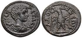 PHRYGIA. Laodicea ad Lycum. Geta, As Caesar, 198-209. (Bronze, 18 mm, 3.32 g, 6 h). · Λ · CEΠ ΓΕΤΑC Κ Bareheaded, draped and cuirassed bust of Geta to...