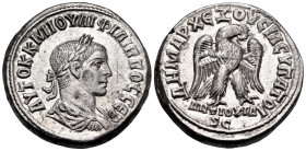 SYRIA, Seleucis and Pieria. Antioch. Philip II, as Caesar, 244-247. Tetradrachm (Silver, 26 mm, 13.64 g, 6 h), 248. ΑΥΤΟΚ Κ Μ ΙΟΥΛΙ ΦΙΛΙΠΠΟC CΕΒ Laure...