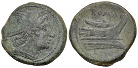 Anonymous, Circa 217-215 BC. Semuncia (Bronze, 20 mm, 6.02 g, 11 h), Rome. Head of Mercury to right, wearing winged petasos. Rev. ROMA Prow to right w...