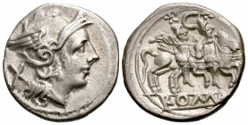 Anonymous, 209-208 BC. Denarius (Silver, 18 mm, 4.32 g, 11 h), mint in central Italy. Helmeted head of Roma to right; behind, X. Rev. ROMA The Dioscur...