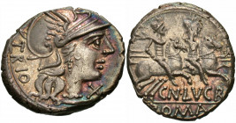 Cn. Lucretius Trio, 136 BC. Denarius (Silver, 19 mm, 3.96 g, 4 h), Rome. TRIO Helmeted head of Roma to right; below chin, X. Rev. CN · LVCR / ROMA The...
