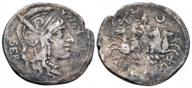 A. Manlius Q.f. Sergianus, 118-107 BC. Denarius (Silver, 21 mm, 3.84 g, 11 h), Rome. SER / ROMA Helmeted head of Roma right. Rev. A · (MS)(NL)I · Q · ...
