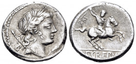 P. Crepusius, 82 BC. Denarius (Silver, 17 mm, 3.94 g, 7 h), Rome. Laureate head of Apollo to right, with scepter on his far shoulder; below chin, barl...