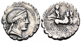 C. Naevius Balbus, 79 BC. Denarius Serratus (Silver, 19 mm, 3.92 g, 6 h), Rome. Diademed head of Venus to right, wearing earring and pearl necklace; b...