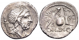 Cn. Lentulus, 76-75 BC. Denarius (Silver, 19 mm, 3.80 g, 4 h), Spain (?). G · P · R Draped bust of the Genius Populi Romani to right, bearded, his hai...