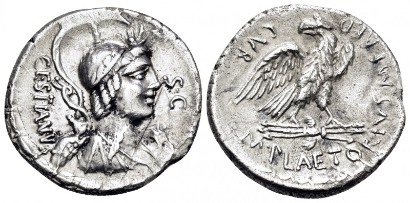 M. Plaetorius M.f. Cestianus, 57 BC. Denarius (Silver, 18.5 mm, 3.66 g, 5 h), Ro...