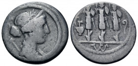 Faustus Cornelius Sulla, 56 BC. Denarius (Silver, 18.5 mm, 3.01 g, 10 h), Rome. Diademed, laureate and draped bust of Venus to right. Rev. Three milit...