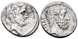 M. Junius Brutus, 54 BC. Denarius (Silver, 18 mm, 3.62 g, 2 h), Rome. BRVTVS Bearded head of the Consul L. Junius Brutus to right. Rev. AHALA Bearded ...