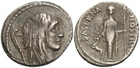 L. Hostilius Saserna, 48 BC. Denarius (Silver, 19 mm, 3.43 g, 9 h), Rome. Bare head of a Gallic woman to right, with long disheveled hair; behind, car...