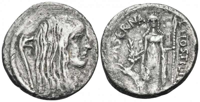 L. Hostilius Saserna, 48 BC. Denarius (Silver, 19 mm, 3.79 g, 5 h), Rome. Bare h...