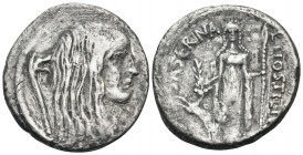 L. Hostilius Saserna, 48 BC. Denarius (Silver, 19 mm, 3.79 g, 5 h), Rome. Bare head of a Gallic woman to right, with long disheveled hair; behind, car...