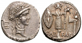 Julius Caesar, late spring - early summer 48 BC. Denarius (Silver, 17 mm, 3.97 g, 11 h), mint moving with Caesar. Female head to right (Clementia?), w...