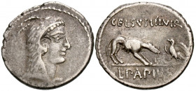 L. Papius Celsus, 45 BC. Denarius (Silver, 18 mm, 3.08 g, 1 h), Rome. Head of Juno Sospita right, wearing goat's skin headdress tied at neck. Rev. L ·...