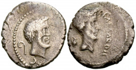 Mark Antony and Julius Caesar, 43 BC. Denarius (Silver, 17.5 mm, 3.74 g, 11 h), mint traveling with Antony in Transalpine and Cisalpine Gaul. M · A(NT...
