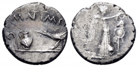 The Triumvirs. Mark Antony, Late summer-autumn 43 BC. Quinarius (Silver, 13 mm, 1.66 g, 12 h), Military mint traveling with Antony and Lepidus in Tran...