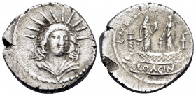 L. Mussidius Longus, 42 BC. Denarius (Silver, 17 mm, 3.78 g, 5 h), Rome. Radiate and draped bust of Sol facing, turned slightly to right. Rev. L · MVS...