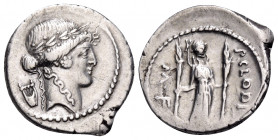 P. Clodius M.f. Turrinus, 42 BC. Denarius (Silver, 20 mm, 3.97 g, 4 h), Rome. Laureate head of Apollo to right with two coils of hair falling down nec...