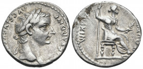 Tiberius, 14-37. Denarius (Silver, 17 mm, 3.79 g, 8 h), "Tribute Penny" type, Lugdunum, c. 18-35. TI CAESAR DIVI AVG F AVGVSTVS Laureate head of Tiber...