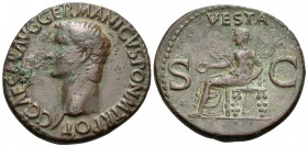 Gaius (Caligula), 37-41. As (Copper, 28.5 mm, 11.11 g, 7 h), Rome, 37-38. C CAESAR AVG GERMANICVS PON M TR POT Bare head of Gaius to left. Rev. VESTA ...