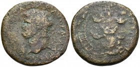 Nero, 54-68. Sestertius (Orichalcum, 37 mm, 27.96 g, 6 h), Lugdunum, 67. IMP NERO CAESAR AVG P MAX TR POT P P Laureate head of Nero to left, globe at ...